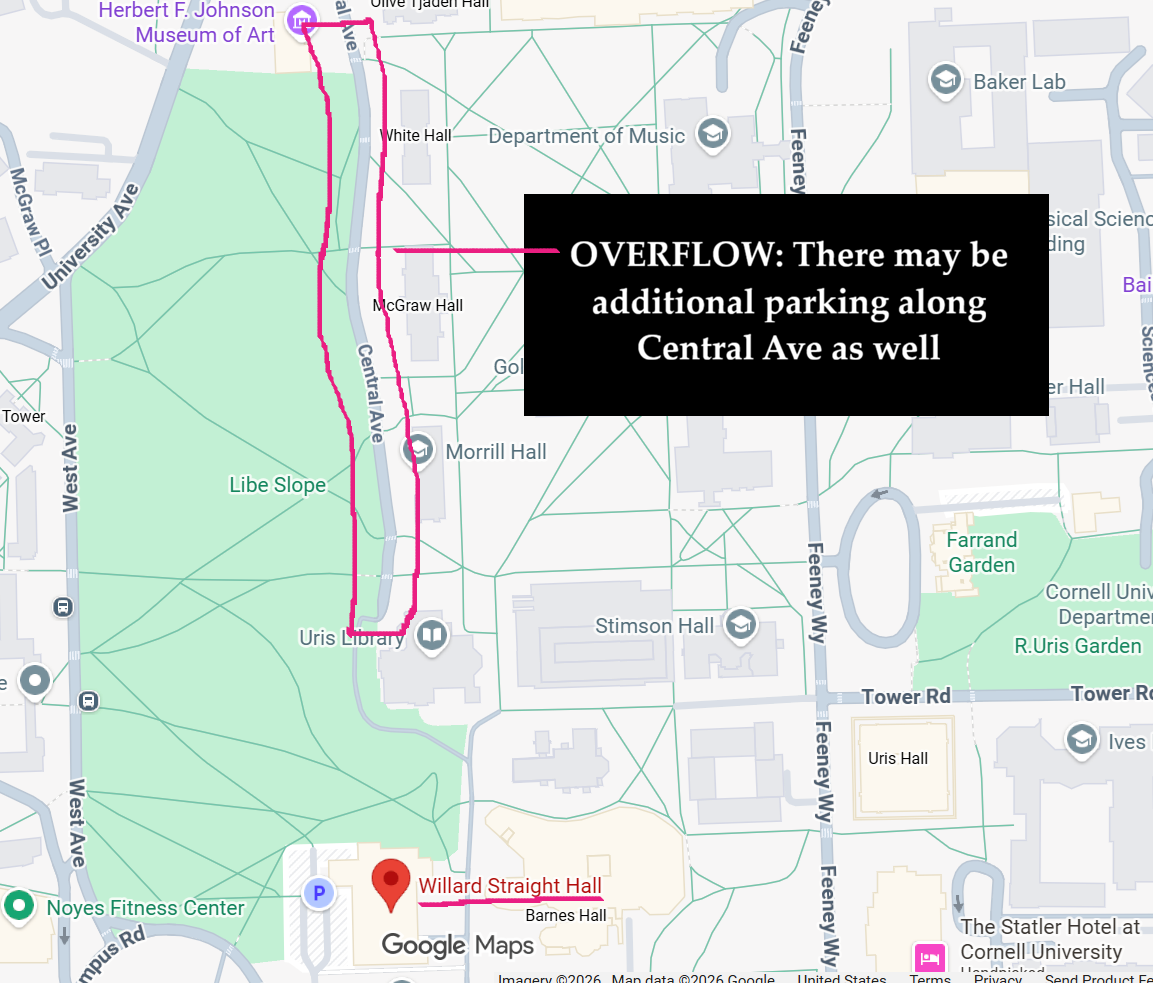 Map showing additional overflow parking along Central Ave near Willard Straight Hall