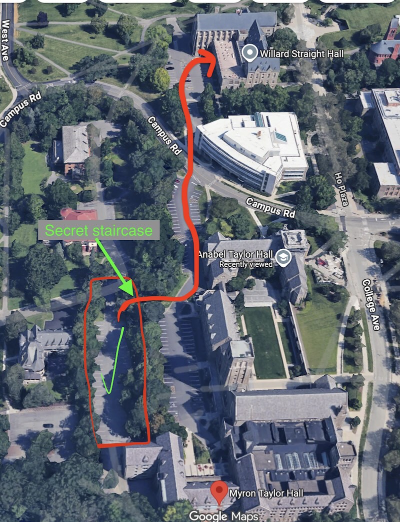 Map showing walking route from Law School parking lot to Willard Straight Hall via Anabel Taylor